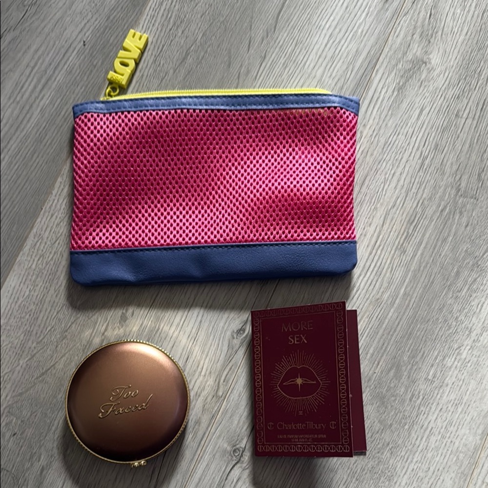 Too Faced sun bunny with Pink and Blue Mesh Pouch and bonus perfume
